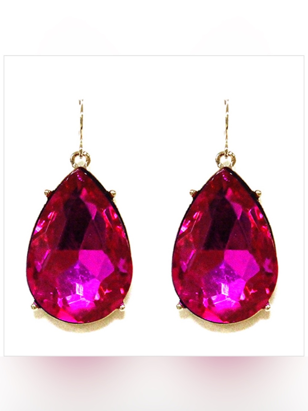 Gold-Trim Pink Teardrop Crystal Earrings